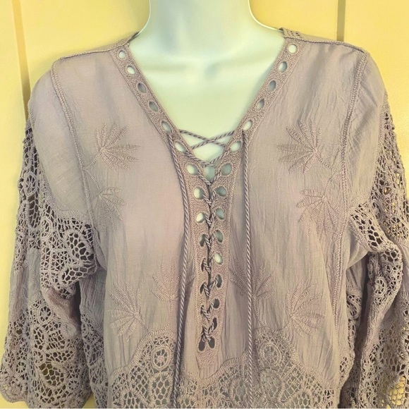 Lilac Tunic Top S/M Floral Cotton Lace-up Embroidered Crochet Blouse Flowy - Picture 2 of 15